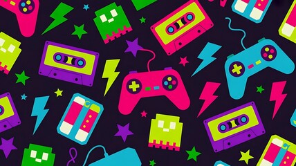 Vibrant retro gaming and music symbols on dark background