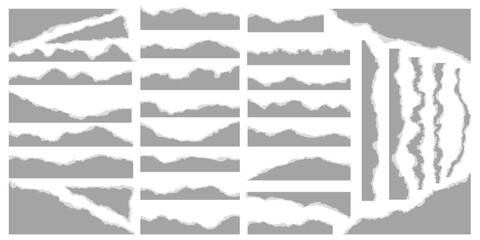 Obraz na płótnie Canvas Ripped gray paper of notebook isolated on white background. Pieces of page and sheet with torn edge for banners templates and scrapbooking design. Rough vintage patches and cardboard shapes set