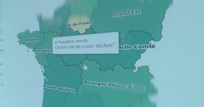 Map of France highlighting its administrative regions and their population density