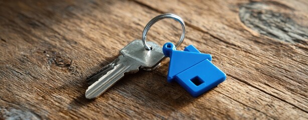 The house key with a blue house shaped keychain on a rustic wooden surface
