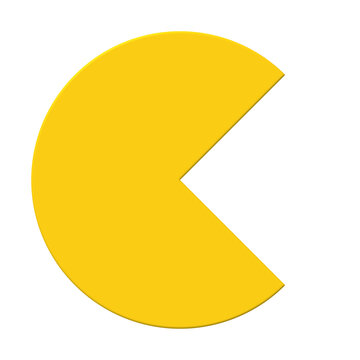 Yellow pie chart sector isolated. 3D geometric pacman shape.