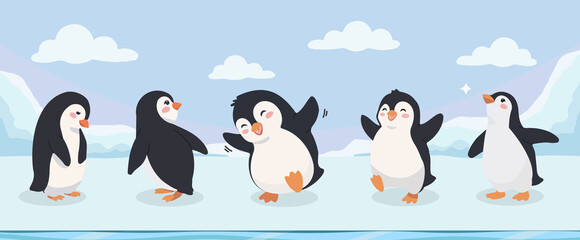 Obraz premium Group of Happy Cartoon Penguins Having Fun on Ice Floe Illustration