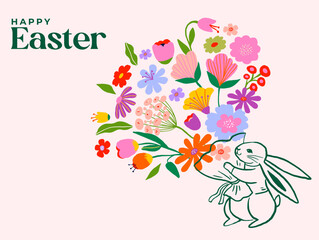 Cute Easter background with hand-drawn rabbits and colorful spring flowers.