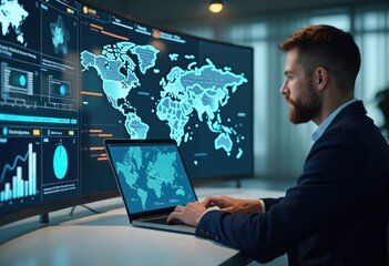 Business Analyst Working with Data Visualization on Multiple Screens