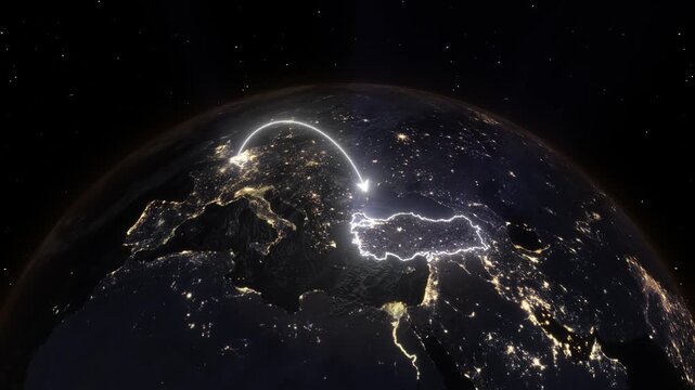 Realistic 3D Earth Night Flight Path Arc from Brussels Belgium to Istanbul Turkey