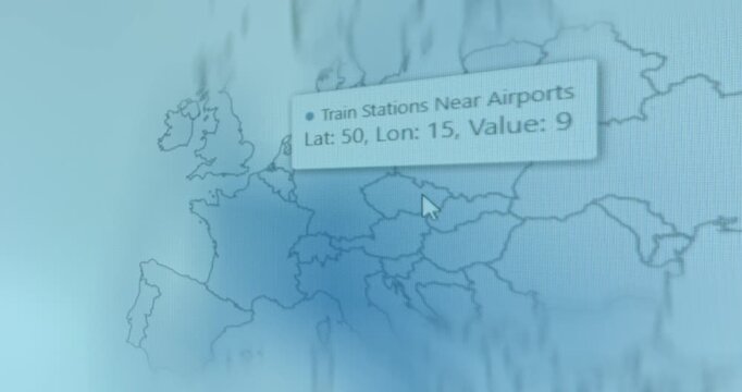Map of Europe displaying information about train stations near airports
