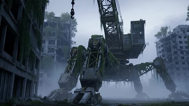 Dystopian Mech Crane Walking Through Overgrown Post-Apocalyptic City Ruins
