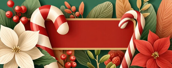 Festive poinsettia, candy cane banner with red label for holiday decoration and greeting card design