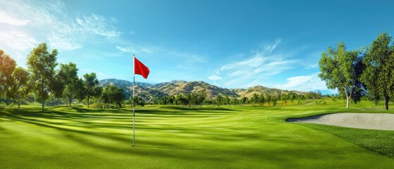 The golf course with a red flag on a sunlit manicured putting green