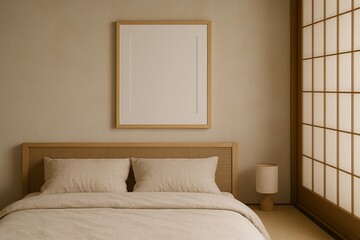 Minimalist Japanese bedroom interior with wooden bed, shoji window and empty frame mockup.