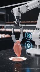 Automated Robotic Arm Harvesting Cultured Lab-Grown Chicken Filet in a High-Tech Sustainable Food Production Lab
