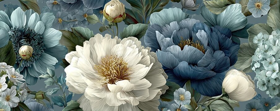 Elegant floral pattern in the style of Claude Monet with large blue and white blossoms