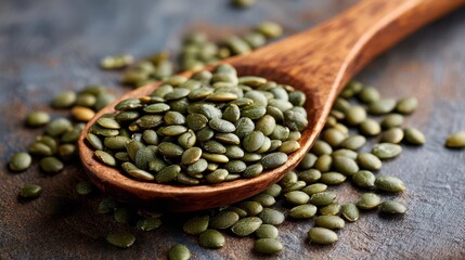 Green pumpkin seeds on a wooden spoon surrounded by more seeds on a dark surface in a kitchen setting