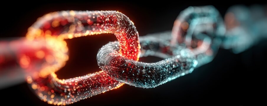 Digital chain of red and blue links representing secure connectivity and blockchain technology - Powered by Adobe