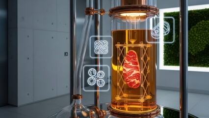 Luxurious Rose Gold Bioreactor Growing Marbled Cultured Beef in a Minimalist Future Food Atelier