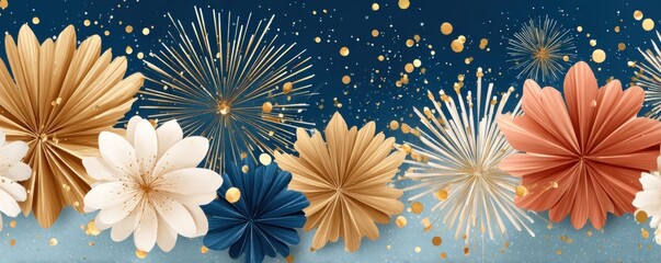 Abstract blue and gold waves with confetti and sparkles creating a festive luxurious background.