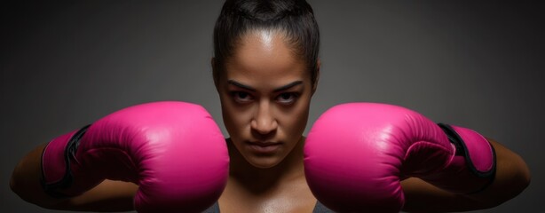 The female boxer with pink gloves poised for fierce focus and strength