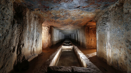 Underground tunnel with stone walls and illuminated pathway, showcasing ancient architecture and historical significance, creating a mysterious and atmospheric environment