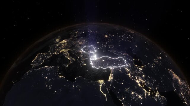Realistic 3D Earth Night Flight Path Arc from Bucharest Romania to Istanbul Turkey