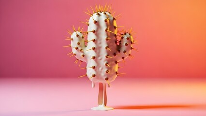 Chocolate dipped prickly pear cactus on a stick against a vibrant pink and orange gradient background for dessert or food concept with sweet