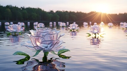 A serene water lily blooms in a tranquil lake at sunset with lush greenery in the background and soft ripples on the water's surface reflecting the warm light