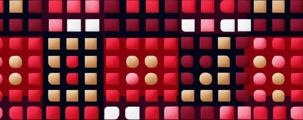 Abstract seamless pattern of red and navy blue squares with dot details in a bold grid design