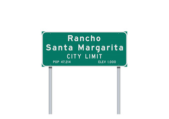 Vector illustration of the Rancho Santa Margarita (California) city limit green road sign on metallic posts