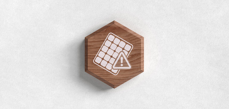 Header Warnung Solarpanel Photovoltaik Energie Strom Erneuerbare Energien Sonnenenergie Umwelt Defekt Ausfall Holz Sechseck Icon Symbol Grafik Illustration 3D Isoliert Hintergrund Wei&szlig;