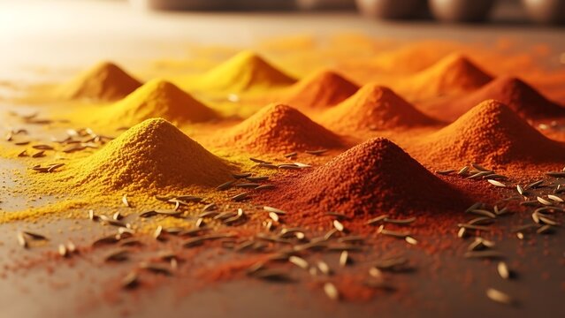 Aromatic spice mounds with cumin seeds scattered on a textured surface, creating a warm and vibrant culinary display