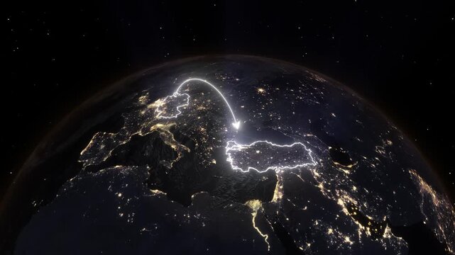 Realistic 3D Earth Night Flight Path Arc from Hamburg Germany to Istanbul Turkey