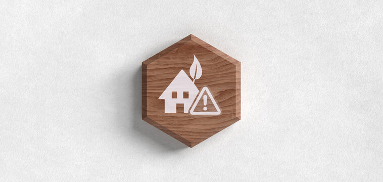 Header Warnung &Ouml;kologisches Haus Geb&auml;ude Nachhaltigkeit Energieeffizienz Bauen Wohnen Umwelt Architektur Problem Holz Sechseck Icon Symbol Grafik Illustration 3D Isoliert Hintergrund