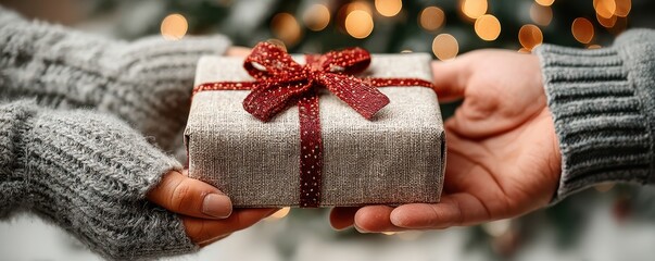 Two hands exchange an elegant gift box wrapped in a red ribbon for a festive moment.