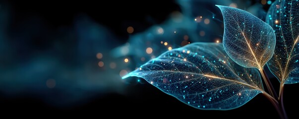 Abstract futuristic leaf design with glowing blue veins and neon particles in a dark background