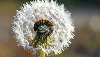 Close-up macro of dandelion seed head against soft blue sky, delicate white fibers floating, airy natural light, minimal botanical composition, calm and peaceful mood