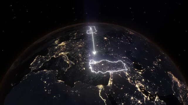Realistic 3D Earth Night Flight Path Arc from Helsinki Finland to Istanbul Turkey