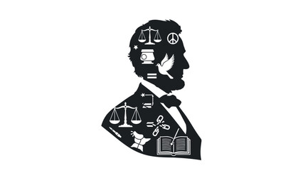 Silhouette of Abraham Lincoln with symbols representing justice, peace, education, and freedom.