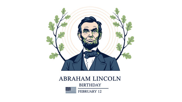Illustration of Abraham Lincoln with laurel wreath and birthday text.