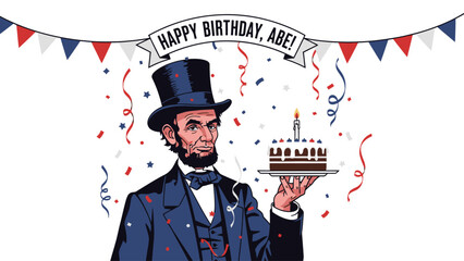 Illustration of Abraham Lincoln holding a birthday cake with festive decorations and a happy birthday banner.
