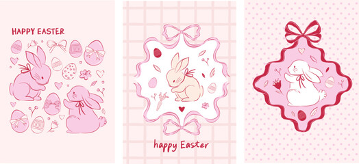 Girly retro Easter vertical banners with rabbits and pink spring flowers. Vintage hand-drawn design.