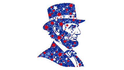 Abstract patriotic illustration of Abraham Lincoln with American flag colors and stars.