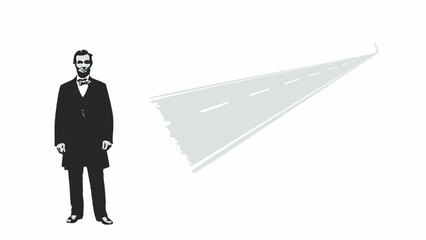 Businessman standing with a paper airplane shadow representing ambition and ideas.