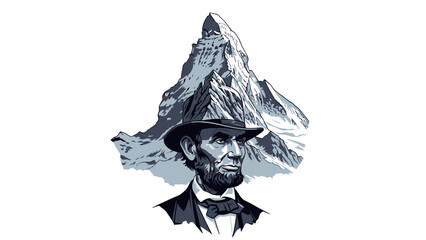 Surreal illustration of a man wearing a mountain-shaped hat with a snowy peak.