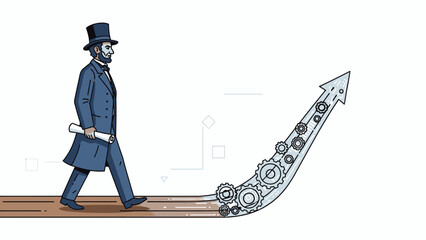 Businessman walking on a rising arrow made of gears symbolizing growth and progress.