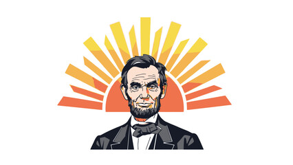 Illustration of Abraham Lincoln with stylized sunburst background.