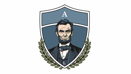 Illustration of Abraham Lincoln portrait on a shield emblem with laurel wreath.