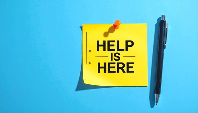 Yellow sticky note reading &ldquo;HELP IS HERE&rdquo; pinned on blue background with pen beside it, support and assistance concept, clean minimalist design, bright studio lighting