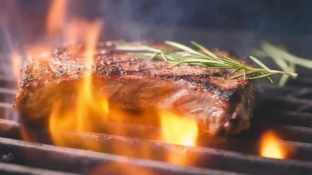 Sizzling Steak on Grill with Flames and Rosemary.