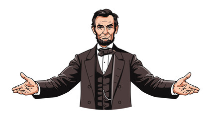Illustration of Abraham Lincoln with open arms welcoming gesture.