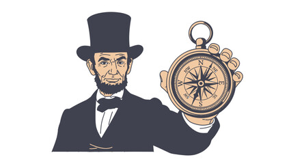 Illustration of a man in a top hat holding a vintage compass in his hand.