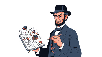 Illustration of a man in vintage attire holding a book with magical symbols.